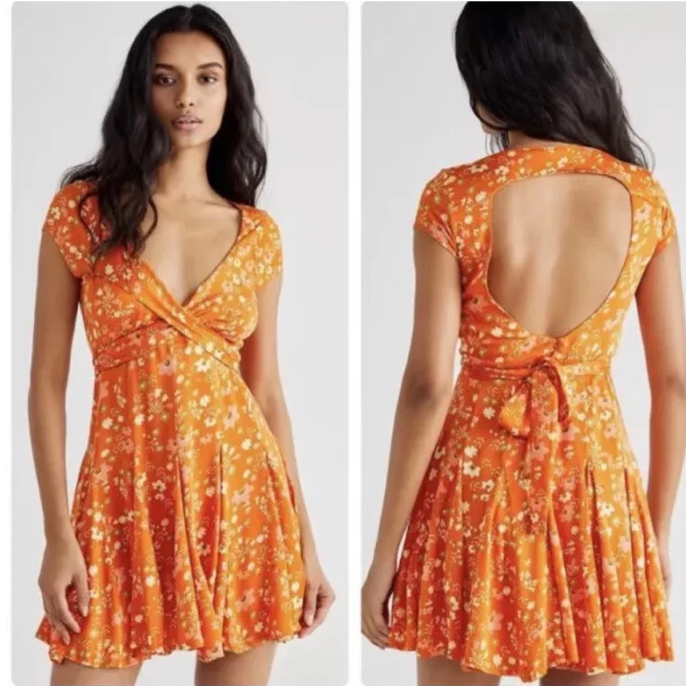 NWT Free People Orange It Takes Two Mini Wrap Dress in Peach Combo